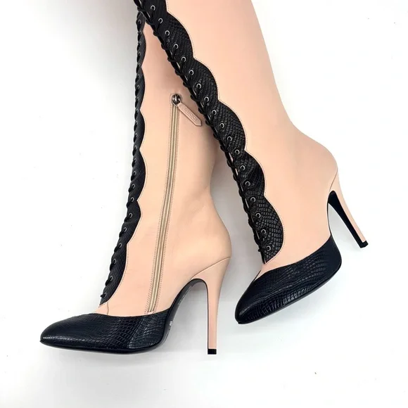 NEW Gucci Harriet Thigh High Snake Emboss Beige Black Pointed Toe Boots 38 - Picture 8 of 10